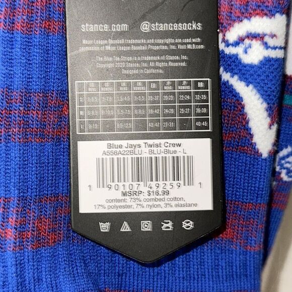 STANCE TORONTO BLUE JAYS MLB CREW HEIGHT SOCKS SIZE LARGE NWT - Picture 7 of 7